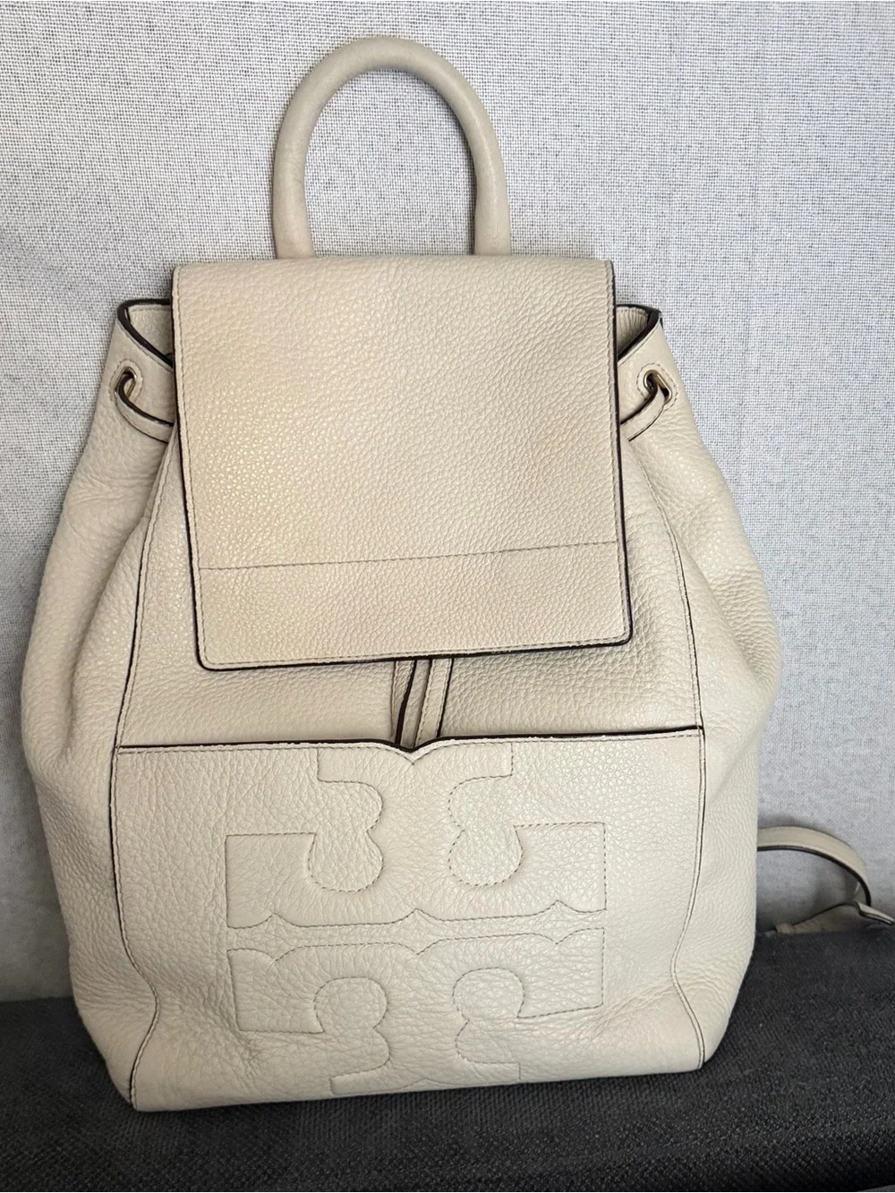 Tory Burch Cream Pebbled Leather Backpack with Embossed Logo
